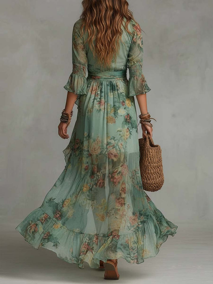 Kim | Romantic Floral Asymmetric Maxi Dress