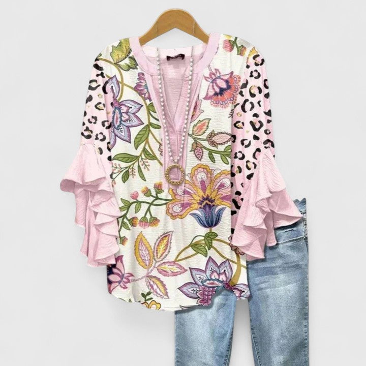 Corinne | Ruffle Sleeve Printed Statement Blouse