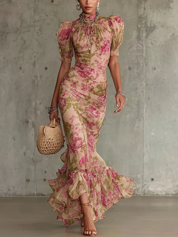 Zayna | Vintage Rose Puff-Sleeve Long Dress