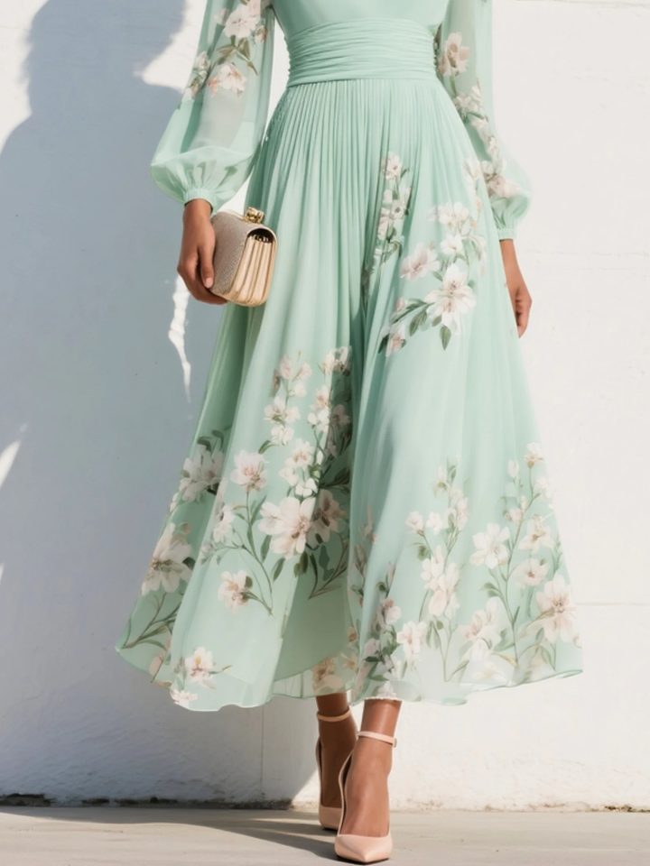 Andrea | Mint Floral Pleated Maxi Dress