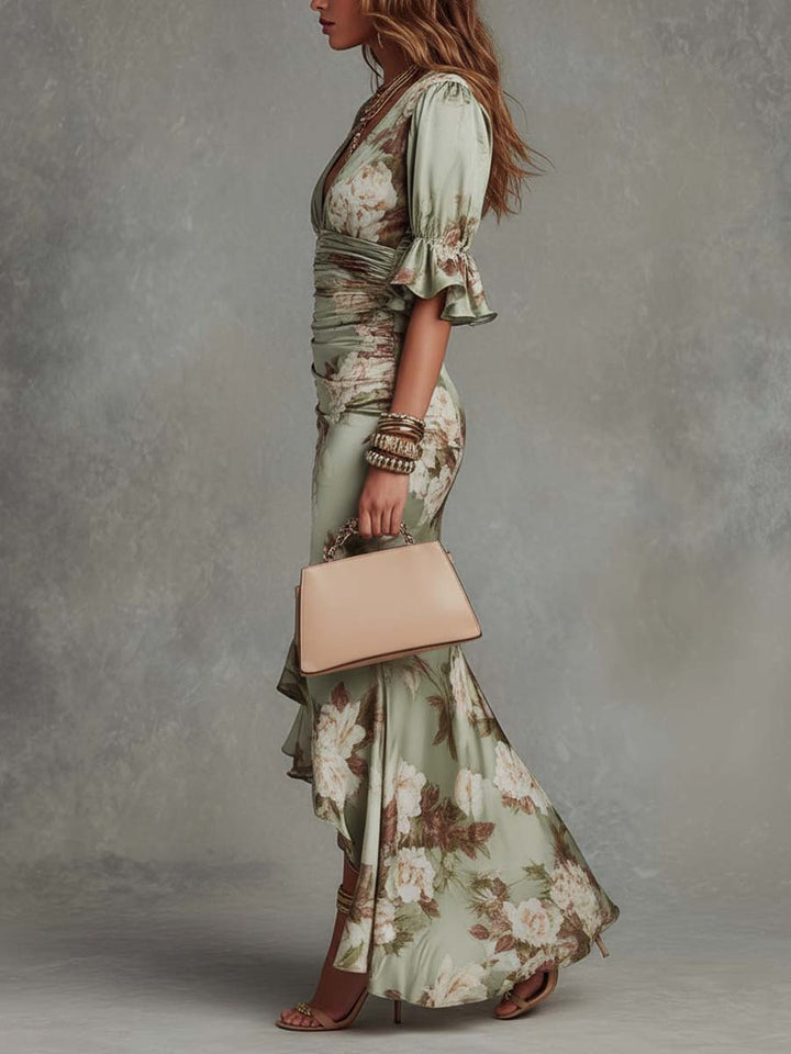 Anna | Asymmetric Puff-Sleeve Floral Maxi Dress