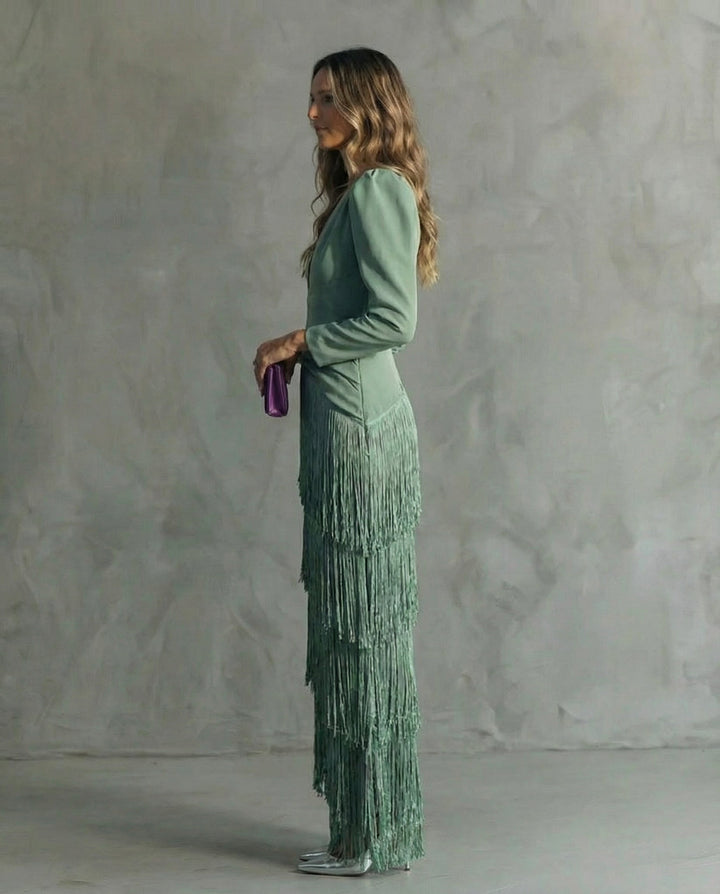 Vivienne | Elegant Fringe Sleeve Maxi Dress